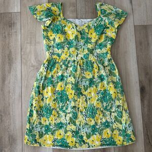 Kensie Eyelet Dress Floral Green Yellow Sz 14 Summer Cottage Romantic Coquette